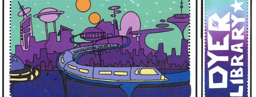 An image of a library card design with a futuristic city