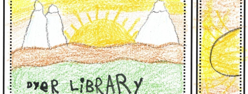 An image of a library card design with the sunrise between two moutains