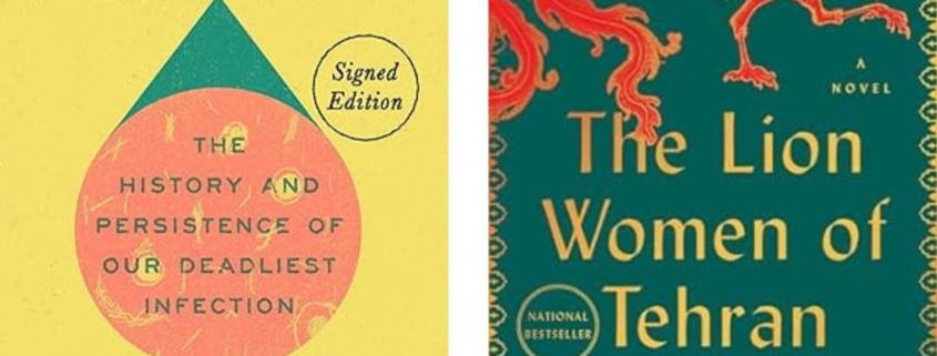 Yellow book cover with red dot and green book cove with a red mythical beast