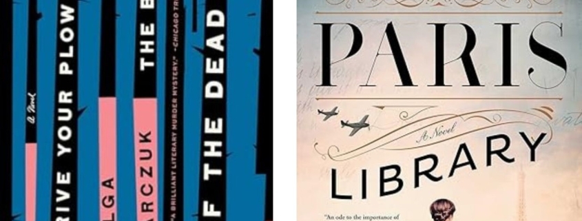 book cover with blue and pink strips and book cover with a woman sitting in front of the eiffel tower