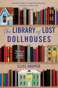 book cover with shelves of books and a dollhouse