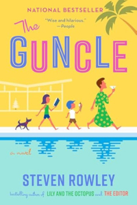 book cover with a man and two children walking by a pool