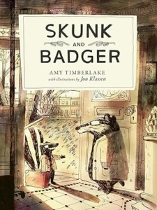 illustration of a skunk and a badger wearing clothes and meeting in a shop