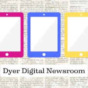 pink., blue. and yellow ipads on newsprint