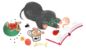 a mole wearing glasses reading a book