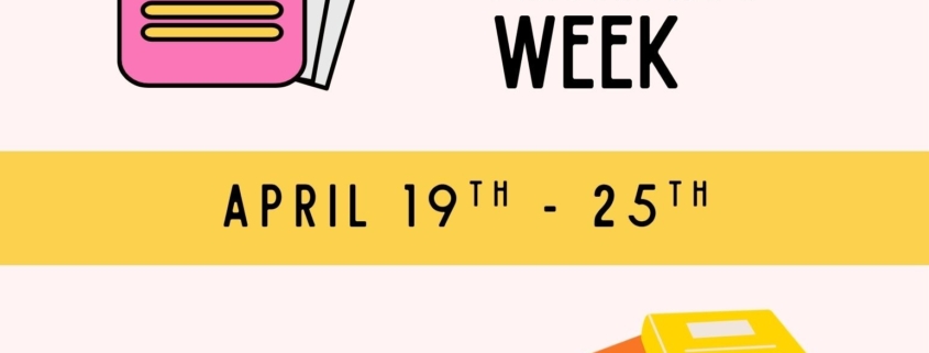 Pink passport and stack of colorful books