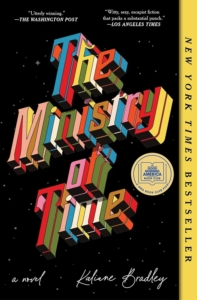 book title in different colored letters on black background