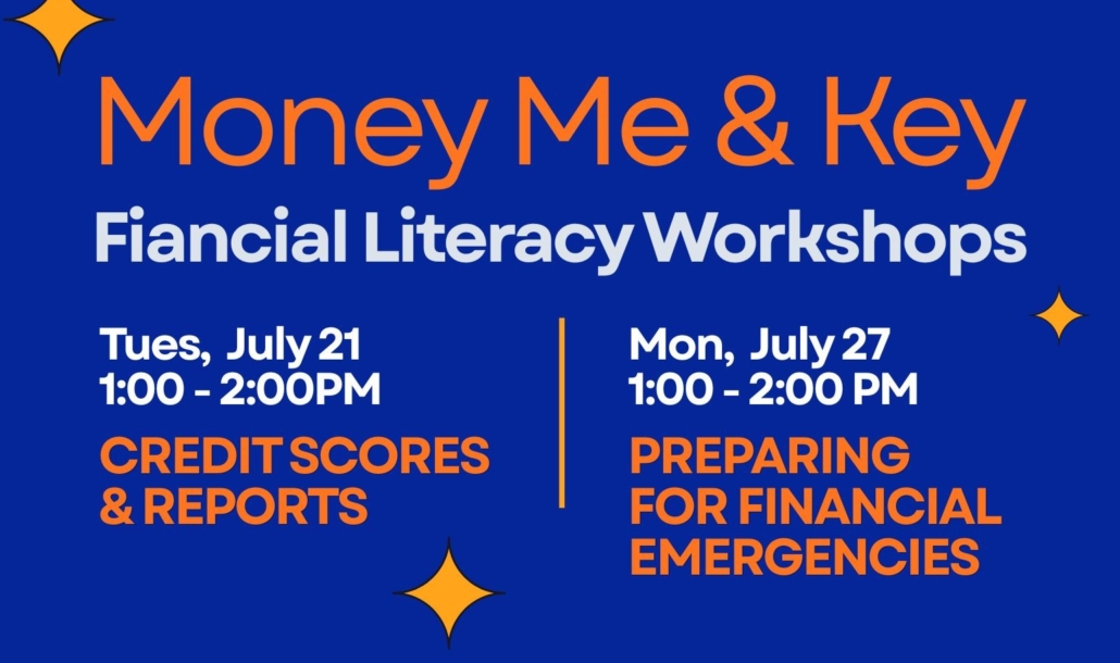 Money Me & Key orange text on dark blue background