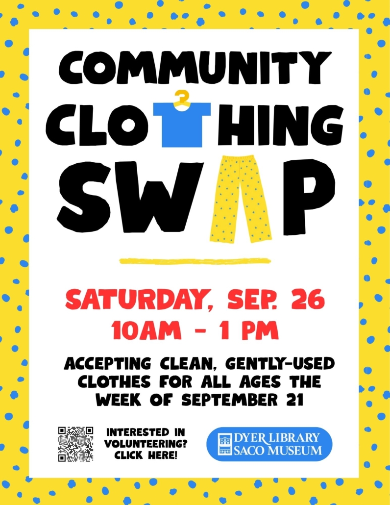 Clothing Swap yellow border with blue dots and black block letters