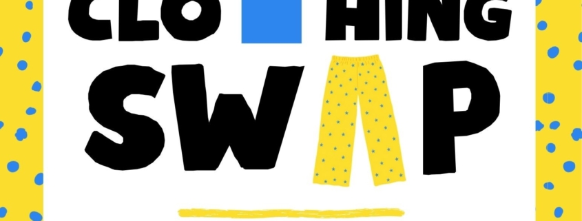 yellow border with blue dots and black block letters